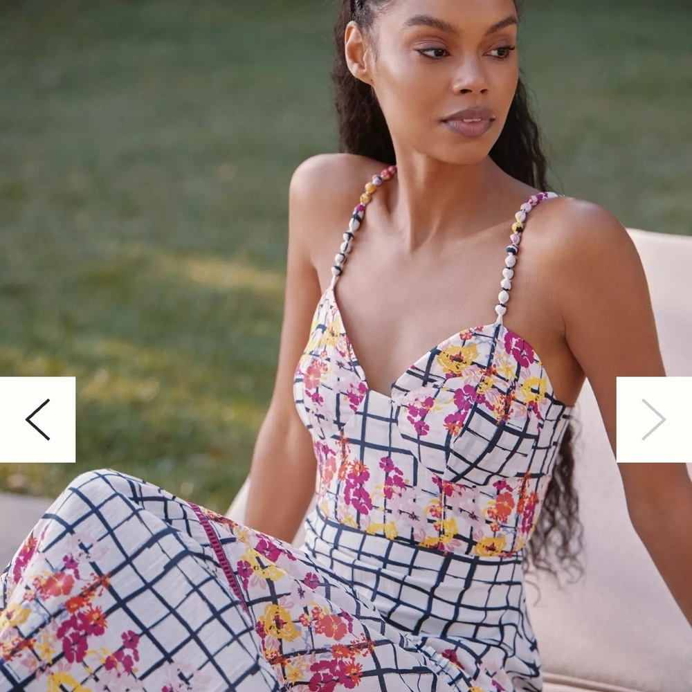 Anthropologie White Grid Maxi Dress with Pink & Yellow Floral Trim - Picture 4 of 8